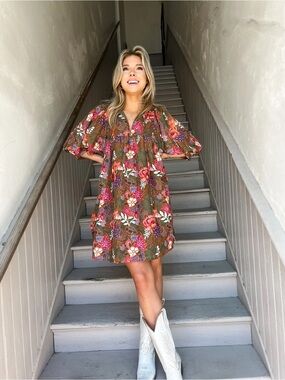Olive Floral Puff-Sleeve Mini Dress with Pink and Red Blooms NWT